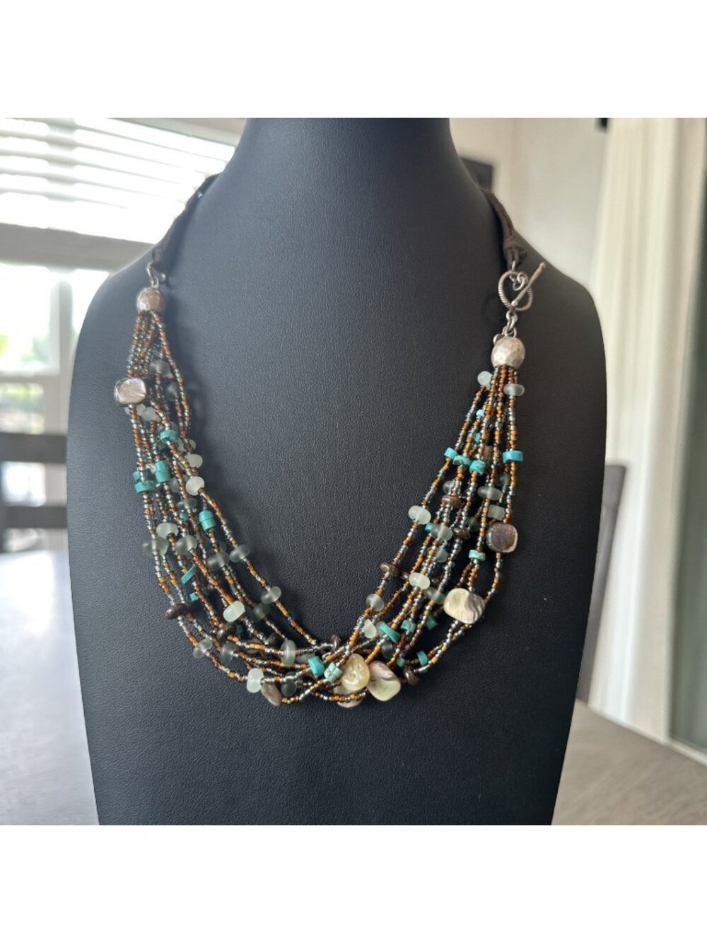Tica Rosa Sterling Silver Multi Strand Gemstone Glass Bead Necklace Leather